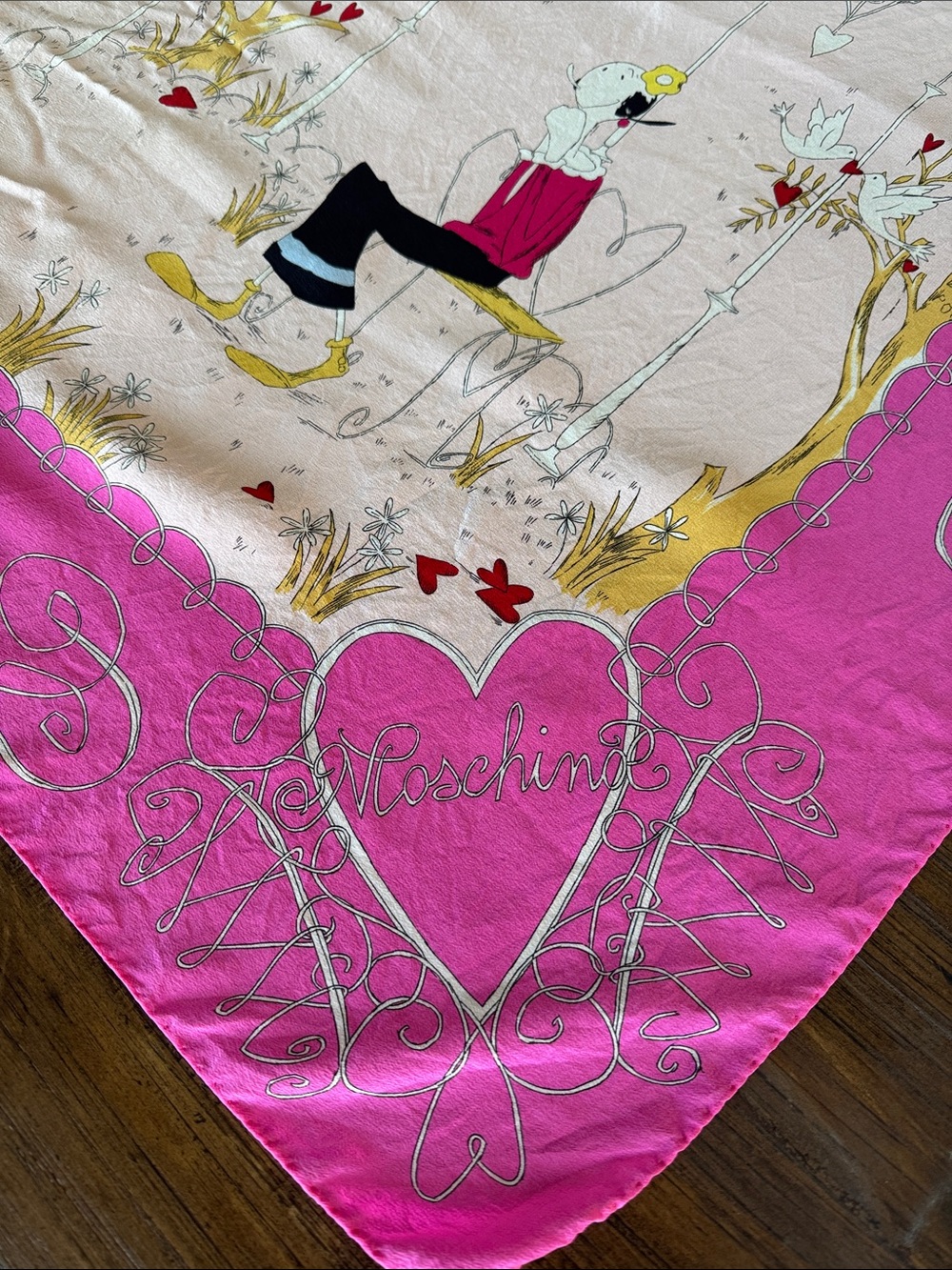 VTG 2001 Moschino Pink Silk Scarf Popeye Olive Oyl In Love We Trust - Picture 3 of 12